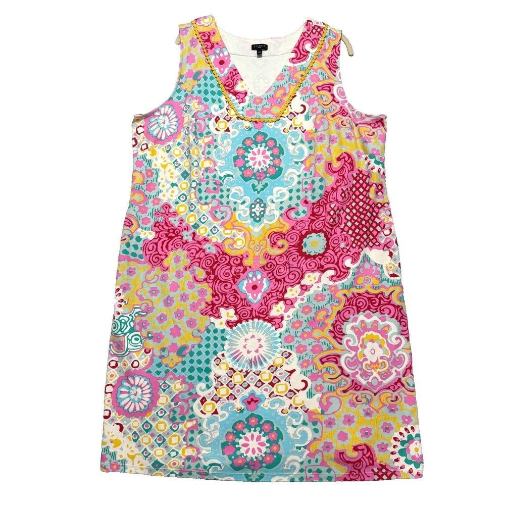 Talbots Medallion Interlock Shift Dress Womens 2X Pink Blue Paisley Sleeveless